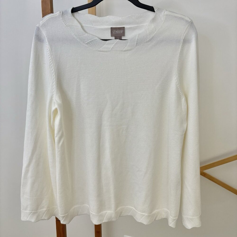Chico’s Ivory Bell Sleeve Sweater (Sz 1 or US 8) Lightweight Scallop Rib Detail